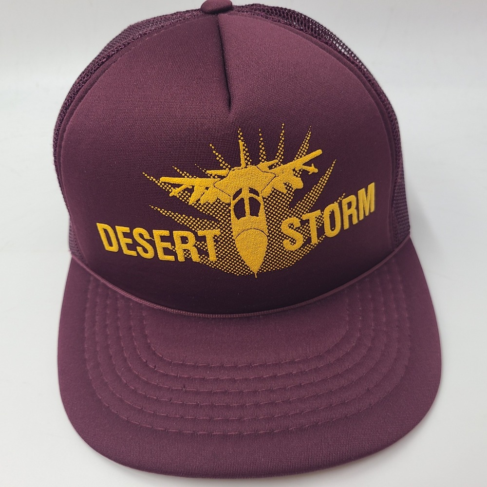 Vintage Desert Storm Hat Snapback Trucker Mesh Maroon Yellow Military‎ Jet Men